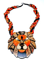 Multi Stone Orange Jasper Lion Head Necklace and Earrings Set - Rare Vintage!