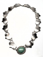 Old Pawn Sterling Silver Rose Links Turquoise Cabochon Choker Necklace - 1940s Vintage