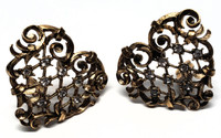Barrera for Avon Scroll Heart Antiqued Gold Rhinestone Clip-On Statement Earrings - Vintage 1990s Dead Stock