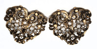 Barrera for Avon Scroll Heart Antiqued Gold Rhinestone Clip-On Statement Earrings - Vintage 1990s Dead Stock