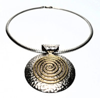 Sterling Silver Hammered Solar Brass Pendant Choker Necklace - Vintage 