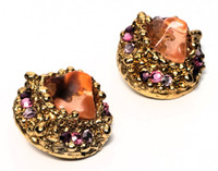 Jacky De G Massive Gold Tone Brutalist Peach Lucite Pastel Rhinestone Statement Earrings - Rare Vintage