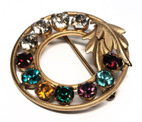 DCE of Curtis Jewelry of Mfg Co.  Mid-Century Colorful Rhinestone Laurel 14KT Gold Filled Brooch  - Vintage 1950s Rare