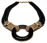 Monet Onyx Enamel Rhinestone Omega Double Strand Statement Necklace - Vintage 1980s