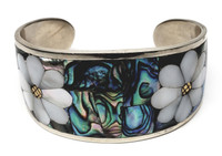Sterling Silver Mother of Pearl Pastel Abalone Shell Gardenia Cuff Bracelet - Vintage 1960s Rare