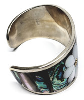 Sterling Silver Mother of Pearl Pastel Abalone Shell Gardenia Cuff Bracelet - Vintage 1960s Rare