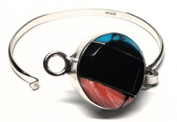 Sterling Silver Omega Cabochon Onyx, Spiny Oyster, Turquoise Stones Color Block Bangle Bracelet - Vintage 1970s