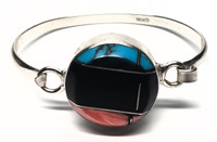 Sterling Silver Omega Cabochon Onyx, Spiny Oyster, Turquoise Stones Color Block Bangle Bracelet - Vintage 1970s