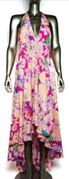SOLD - Lilly Pulitzer "Gizelle" Hot Pink and Peach Floral Print Green Tassel Tie Asymetric Maxi Dress - Size Medium - New