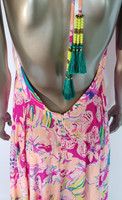 SOLD - Lilly Pulitzer "Gizelle" Hot Pink and Peach Floral Print Green Tassel Tie Asymetric Maxi Dress - Size Medium - New