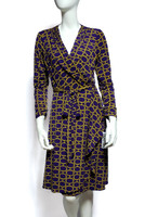 Vicky Tiel Royal Purple Gold Laurel Ruffled Wrap Dress - Size M - New