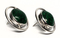 Taxco Sterling Silver Malachite Cut Out Solar Earrings - Vintage 1950s