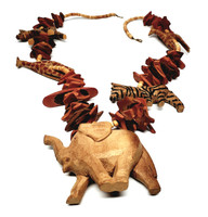 Wooden Necklace - So Boho Hand-Carved Big Turned Trunk Elephant Safari Statement Necklace - Vintage 1970s