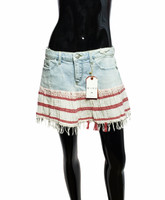 MADE "Venice" Distressed Cream and Red Fringed Denim Mini Skirt - Size M - New