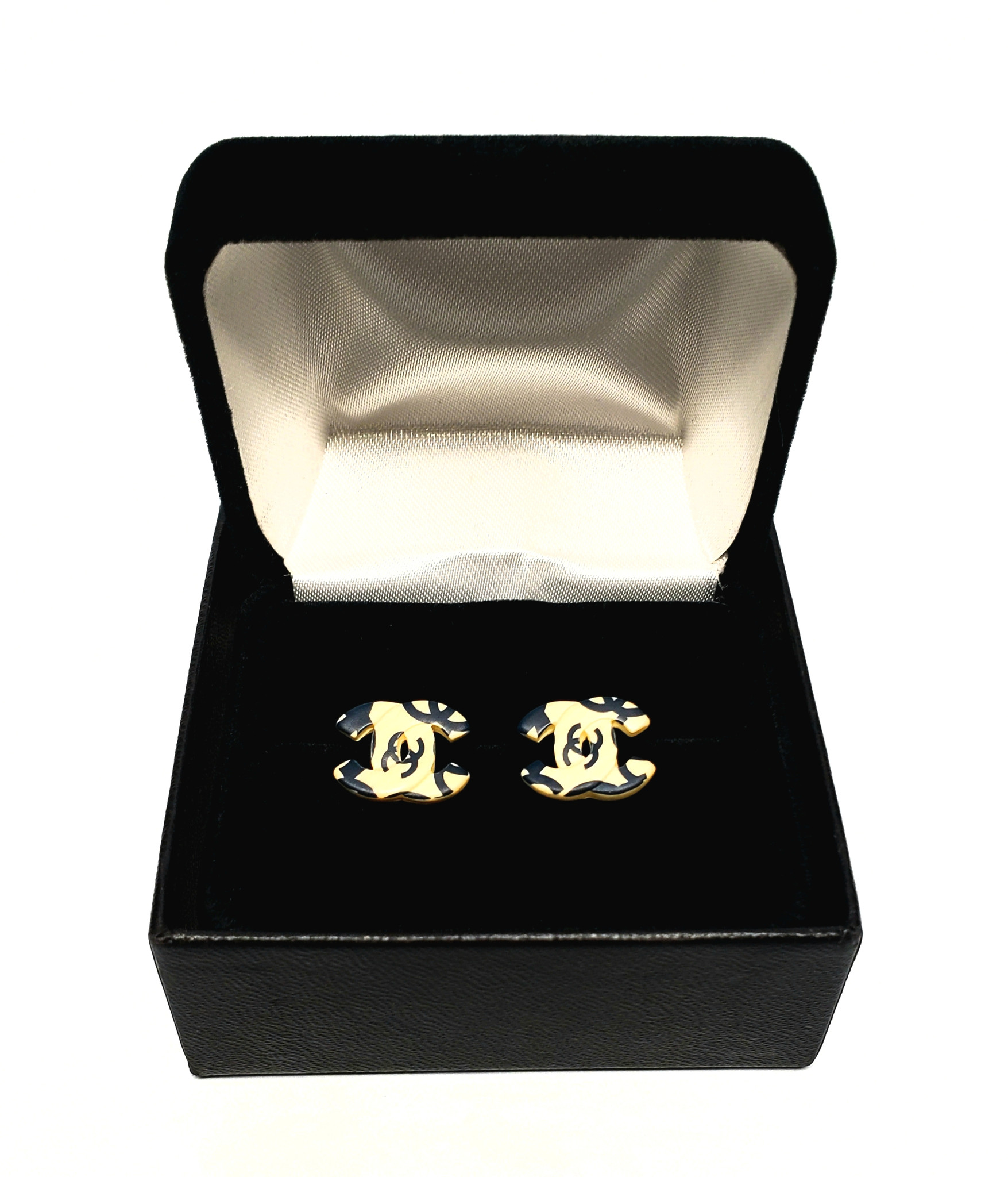 SOLD - Chanel Classic Double C Cream Resin Navy Earrings - Vintage