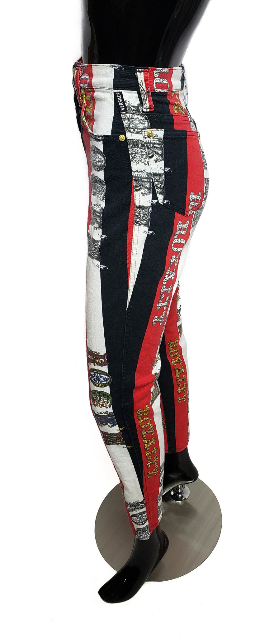 Versace Jeans Couture High-Waist Rock Royalty Black Red White Jeans - Size  IT 28 42 (US Size 2-4) - Vintage 1990s Rare