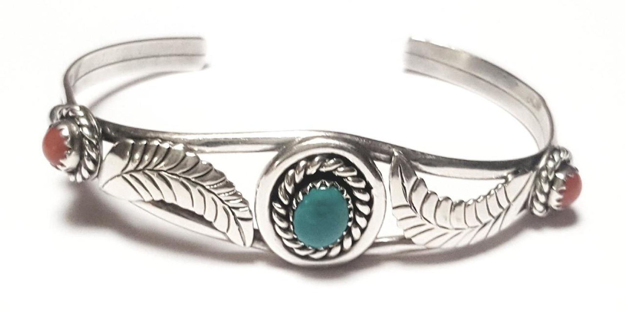 J. W. Begay Sterling Silver Navajo Feather Turquoise Coral Cuff Bracelet -  Vintage