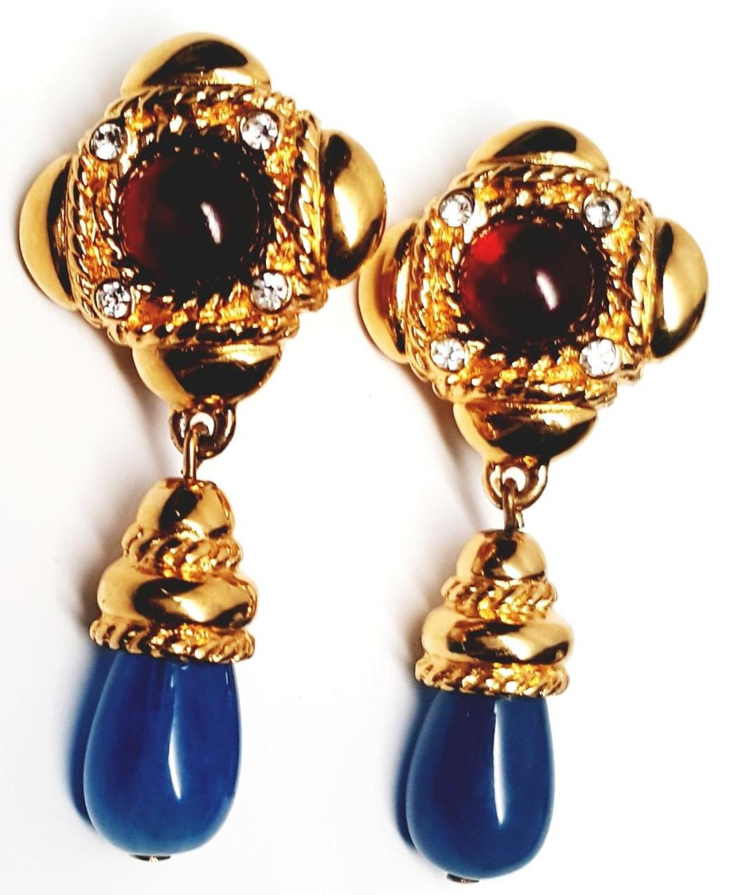 Givenchy Glass Ocean Drop Rich Gold Tone Earrings Vintage 1980s