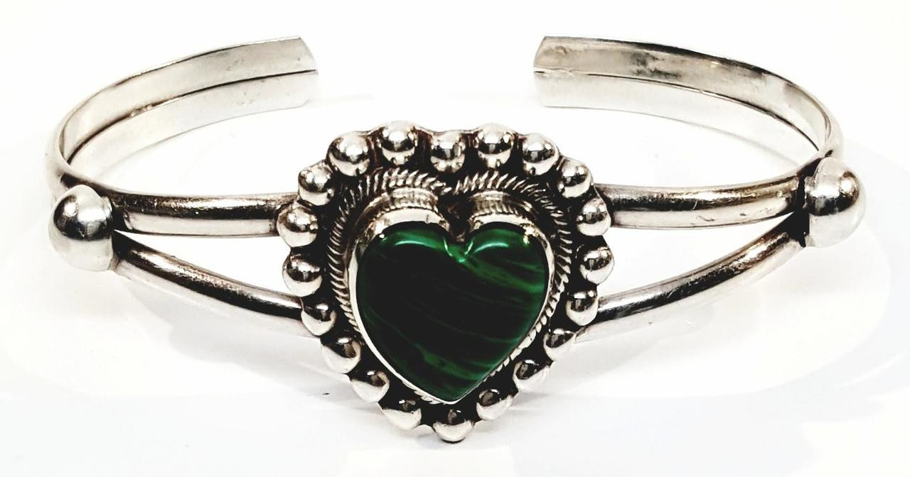 Taxco Sterling Silver Pebbled Malachite Heart Cuff Bracelet Vintage