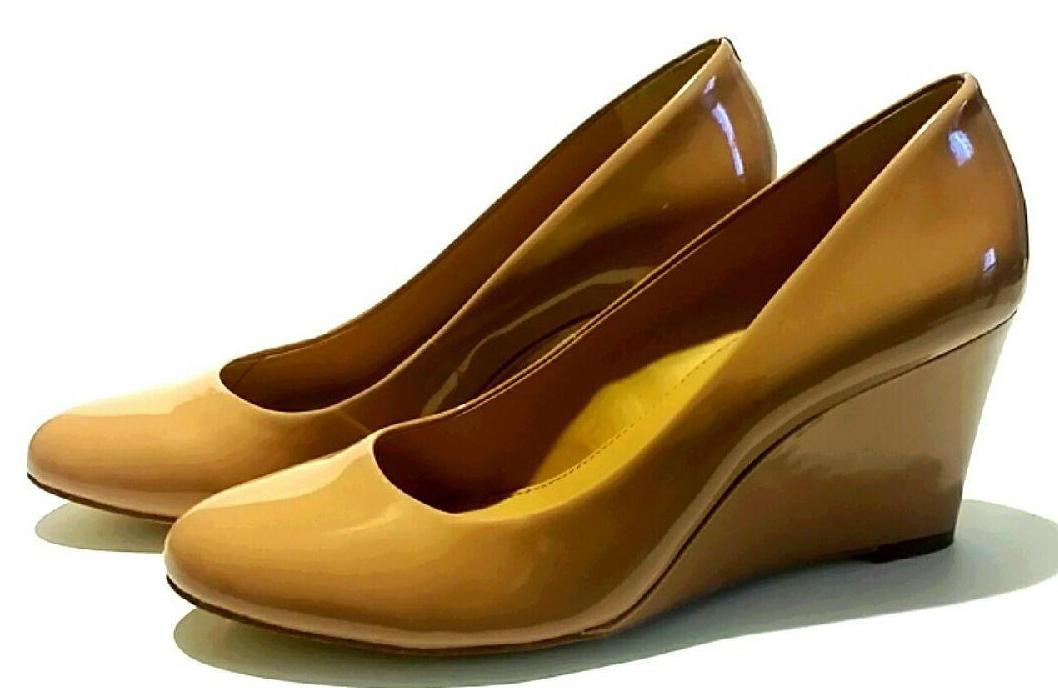 tan patent leather wedges