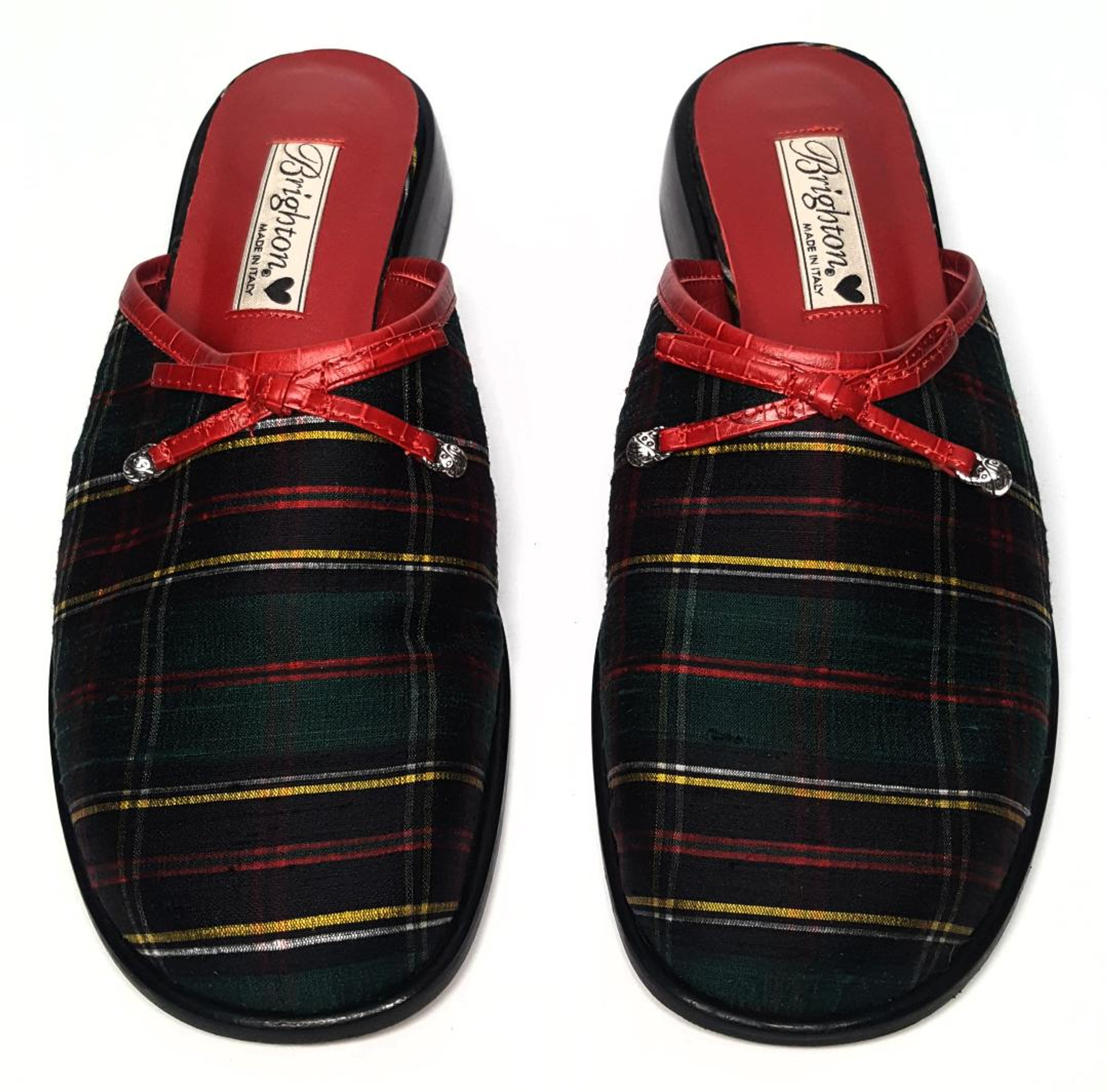 Red plaid store mules