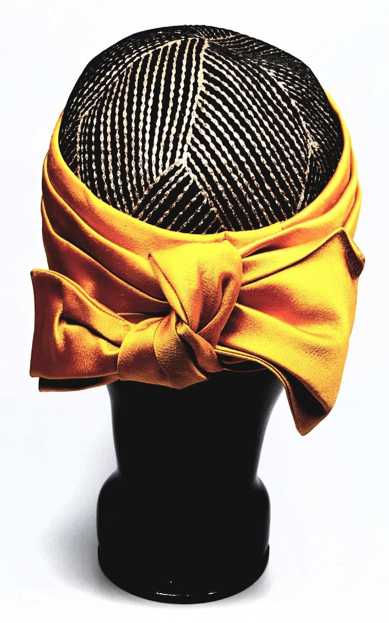 Lilly Dache Gold Big Bow Ruffled Satin Wide Band Black Velvet Skull Cap