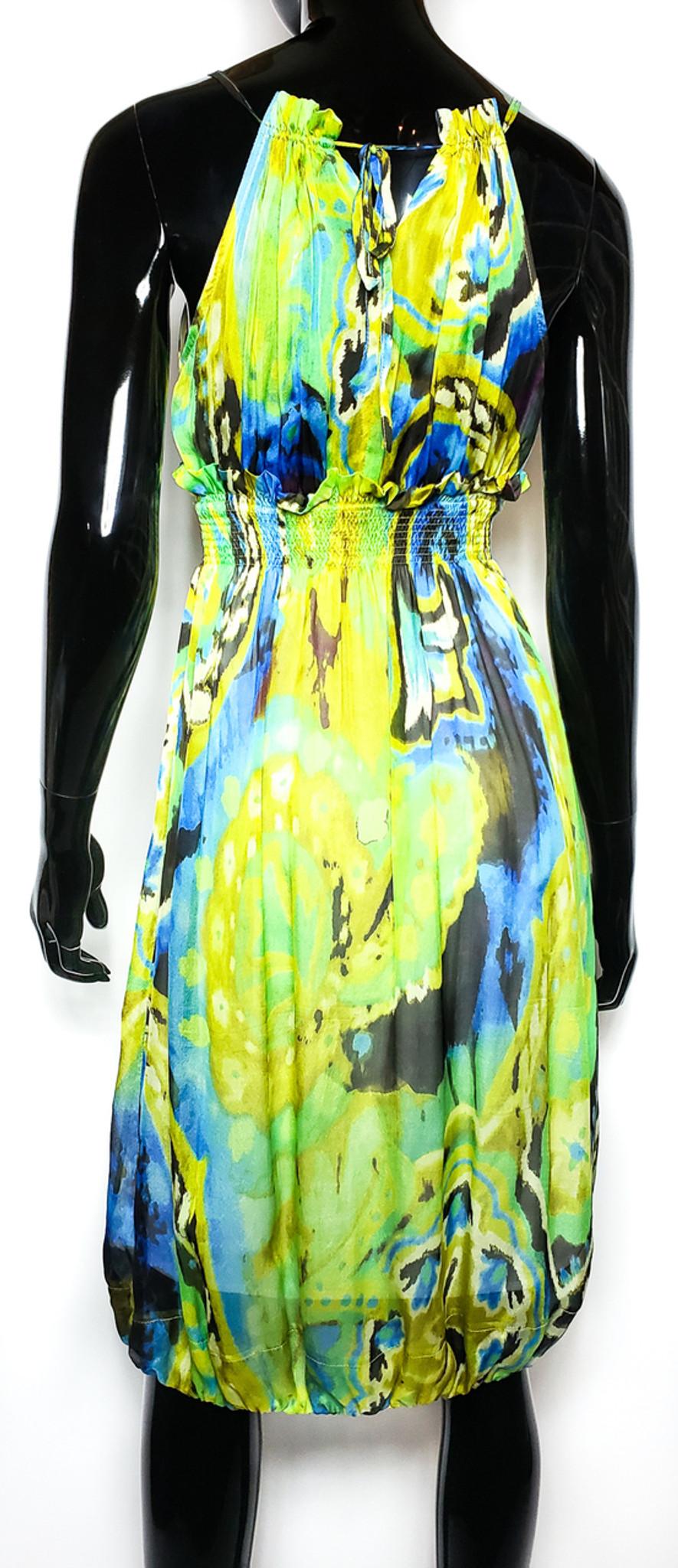 Bliss Silk Tropical Green Ruffled Bodice Blouson Dress Size Us