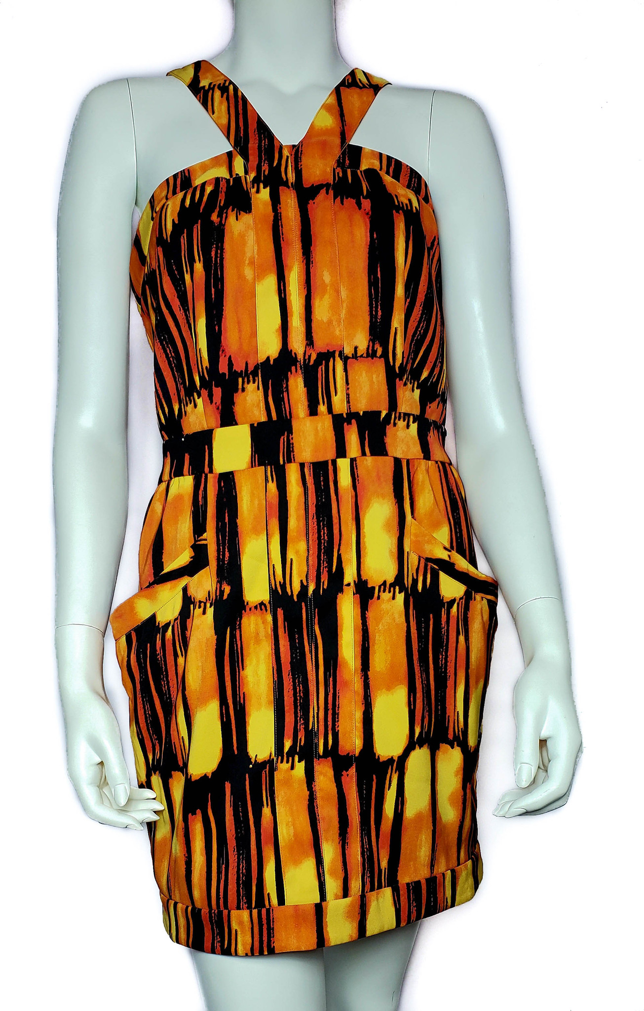 Michael Michael Kors Orange Flame Abstract V-Strap Sateen Shift Dress -  Size 8 - Rare Print - thethingsyouwear
