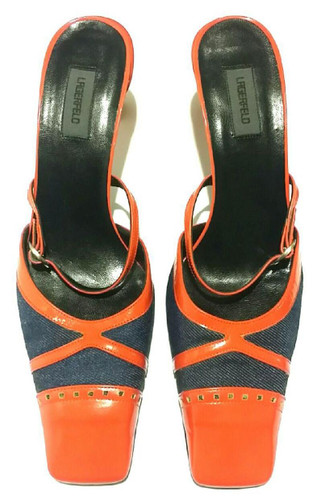 Karl Lagerfeld Denim and Red Patent Leather Mule Kitten Heels - Size US 7 - Vintage Deadstock 