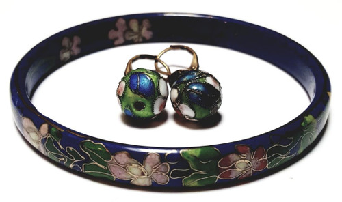 Enamel Bangle - Cloisonné Pastel Pink Flowers in Blue Bracelet and Earrings Set - Vintage