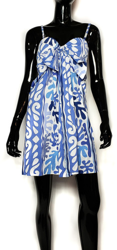 Gretchen Scott Signature Printed Blue and White Sweetheart Bow Dress - Size Medium - New