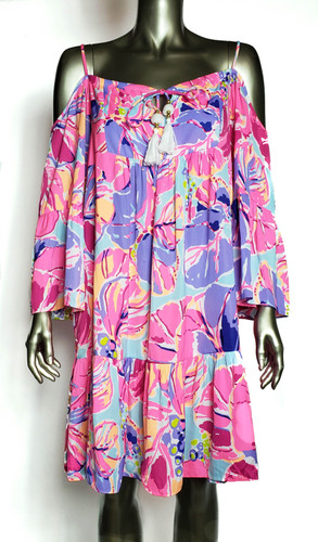 Lilly Pulitzer Bright Pink Floral Splash Off Shoulder Ruffle Bell Tunic Dress - Size Medium - New