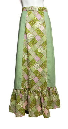 Mint Green Burlap High-Waist A-Line Green Patchwork Quilt Print Maxi Skirt - Size M - Vintage 1970s Deadstock