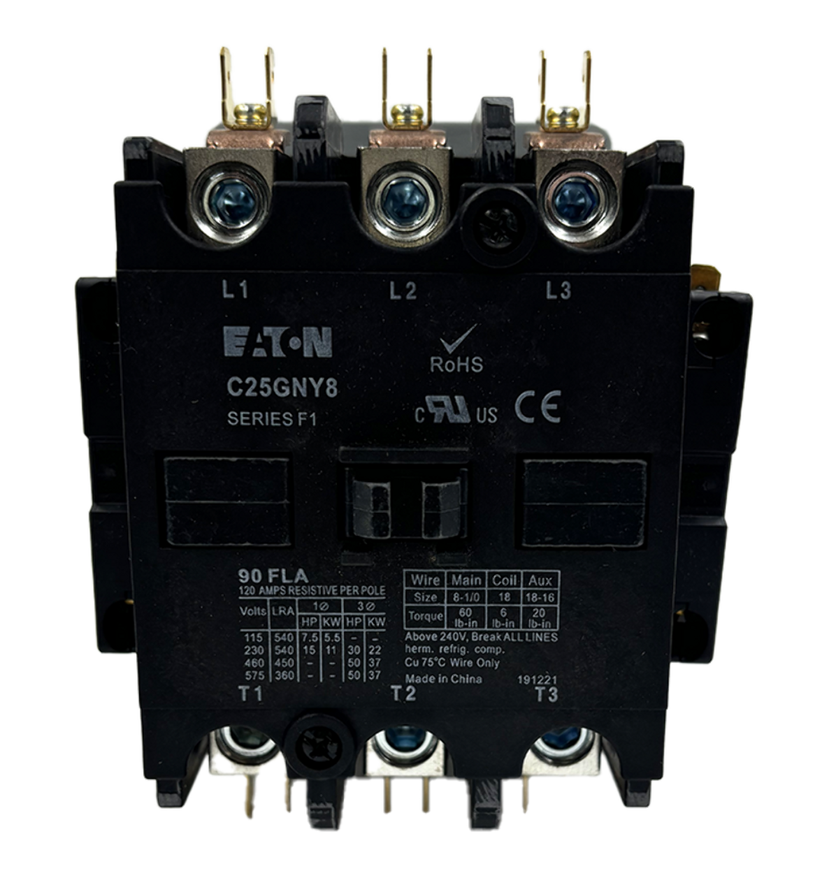 Eaton C25GNY8 Definite Purpose Contactor w/ Auxiliary Switch 90A 600V 110-120VAC