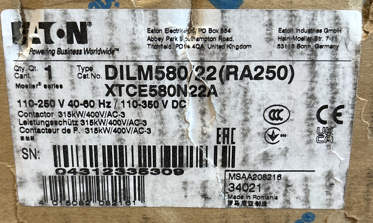 Eaton XTCE580N22A IEC Contactor w/ Auxiliary Switch 630A 110V 110-250VAC 3P 