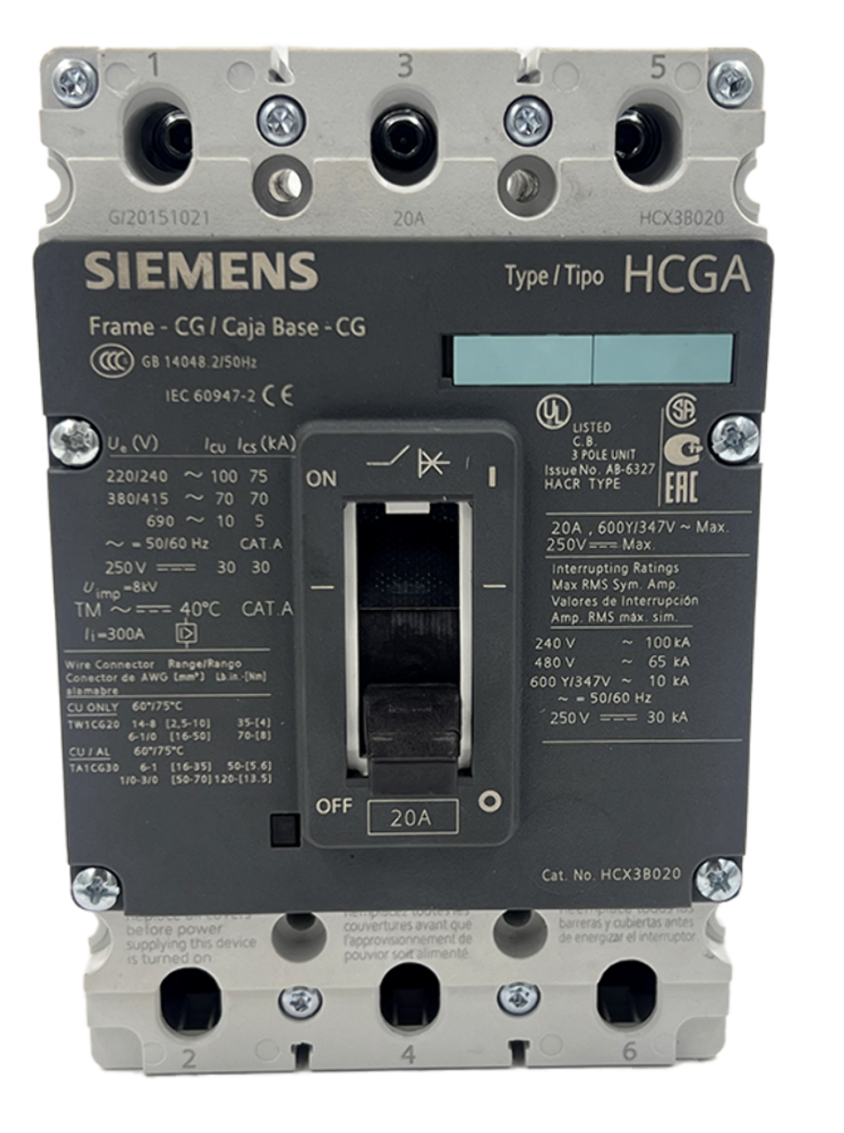 Siemens HCX3B020 Circuit Breaker 20A 480V 3P 65kA