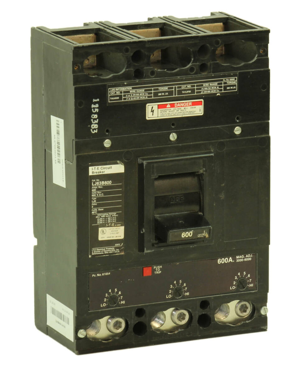 ITE LJ63B600 Breaker 600A 600V 3P 25kA LJ6 Trip Settings