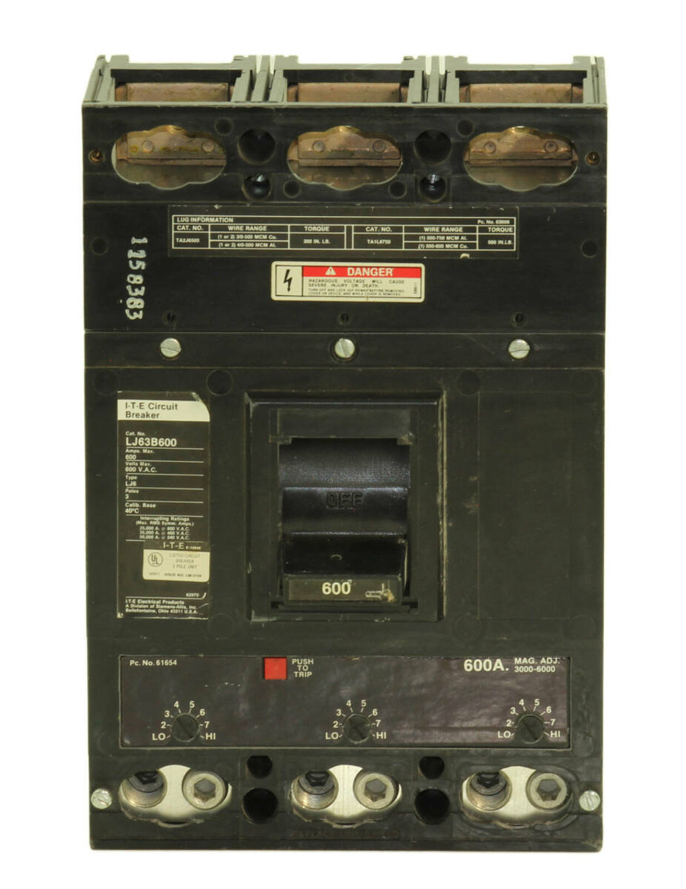 ITE LJ63B600 Breaker 600A 600V 3P 25kA LJ6 Trip Settings
