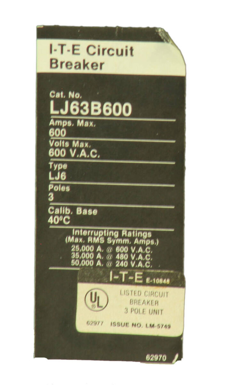 ITE LJ63B600 Breaker 600A 600V 3P 25kA LJ6 Trip Settings