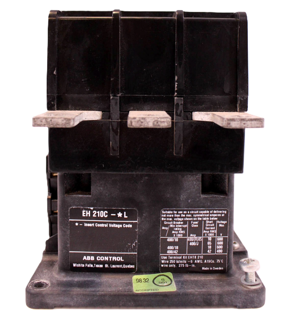 ABB EH 210 Contactor EH 201C-480L 300A 600V 3P 480V Coil W/Auxiliary CAL 16-11A