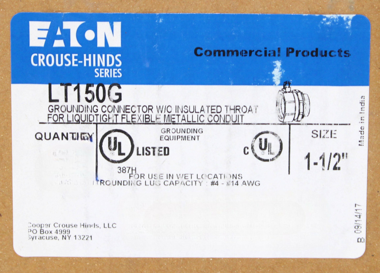 Eaton LT150G Liquid tight Connector, 1 1/2-Inch, FMC, Straight, Aluminum Ground Lug, Non-insulated, #4-14 AWG lug size, Malleable Iron