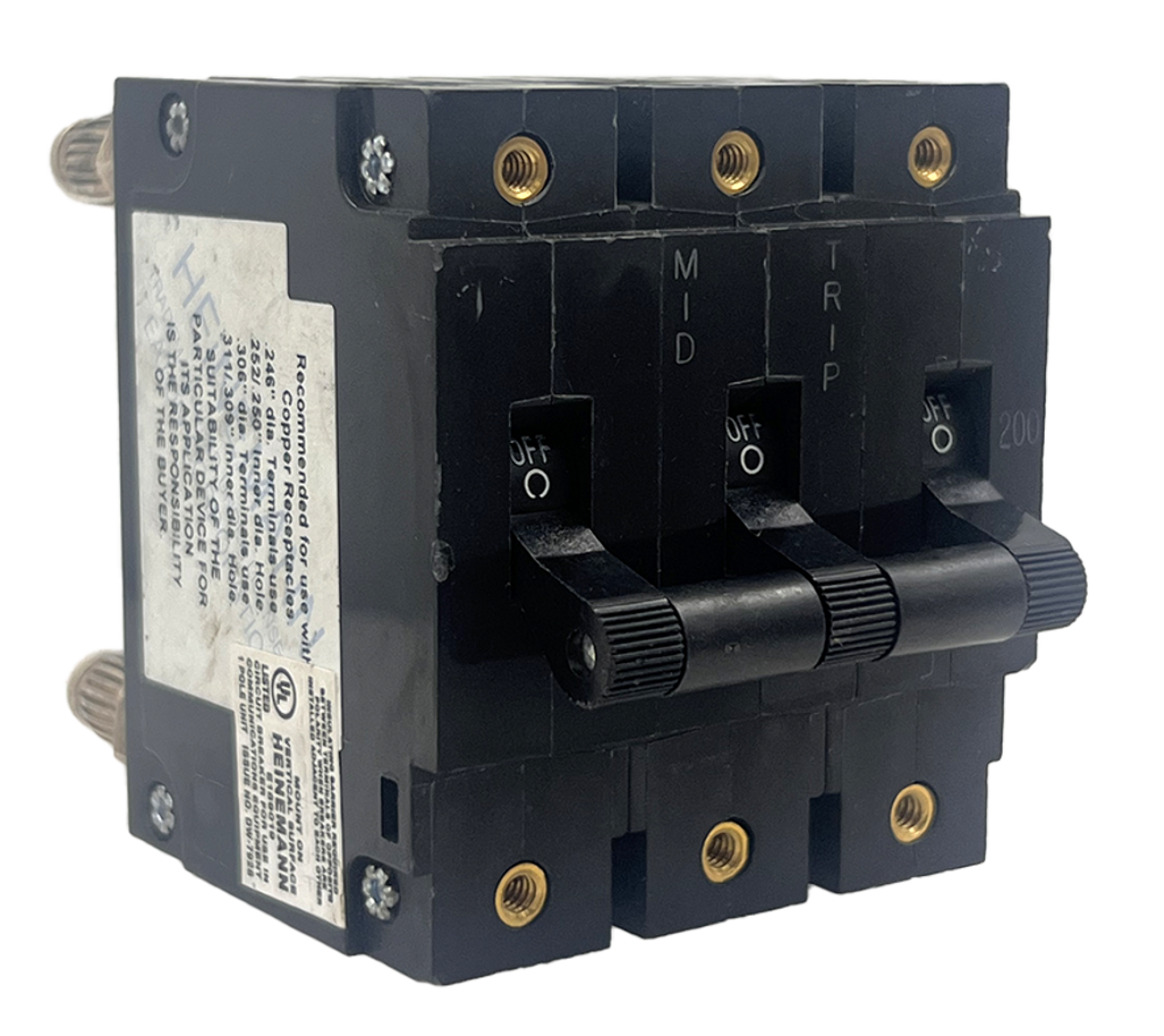 Heinemann AM1P-Z2-5W Breaker 200A 250V 3P 50kA Bullet Style AM1PB99LAA02ALDGU50W