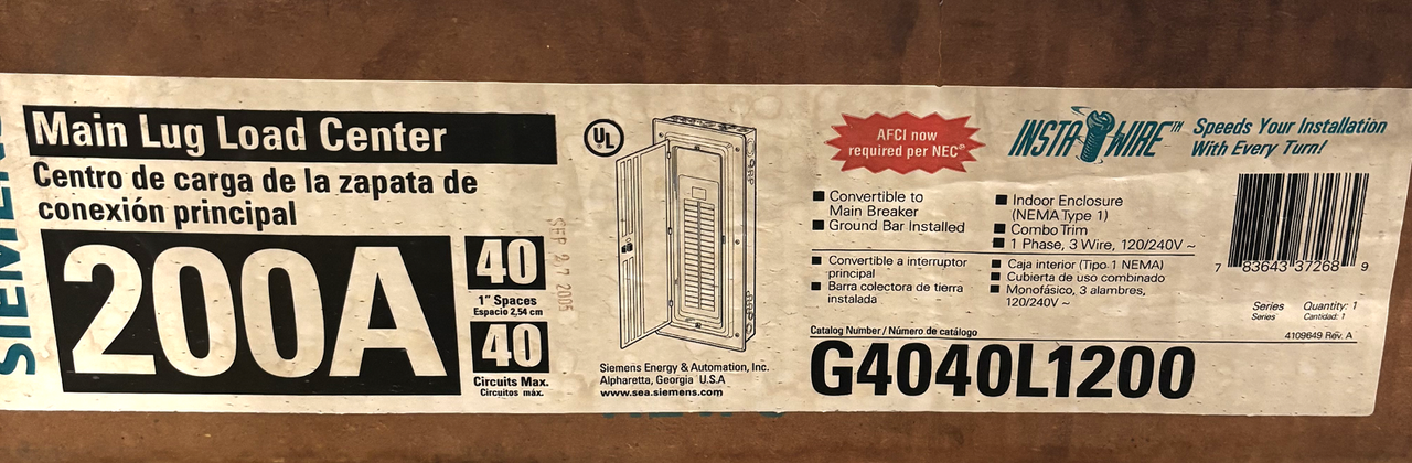 Siemens G4040L1200 Main Lug Load Center 200A 120/240V 1PH 3W 40 Spaces NEMA 1