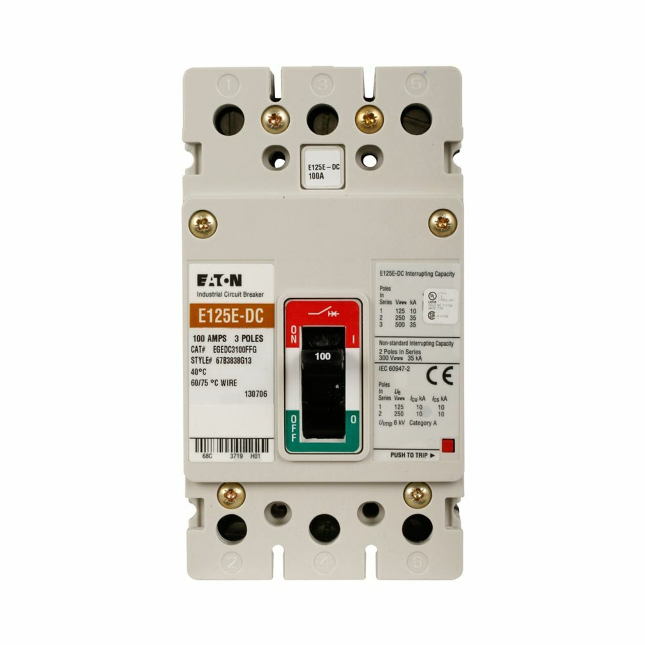 Eaton EGEDC3100FFG Breaker 100A 600Y/347V 3P 18kA Fixed Magnetic Trip Bolt-On