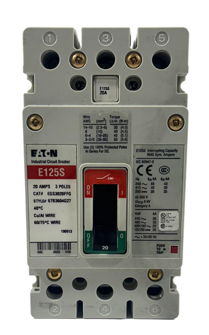 Eaton EGS3020FFG Breaker 20A 600Y/347V 3P 22kA Fixed Magnetic Trip Bolt-On