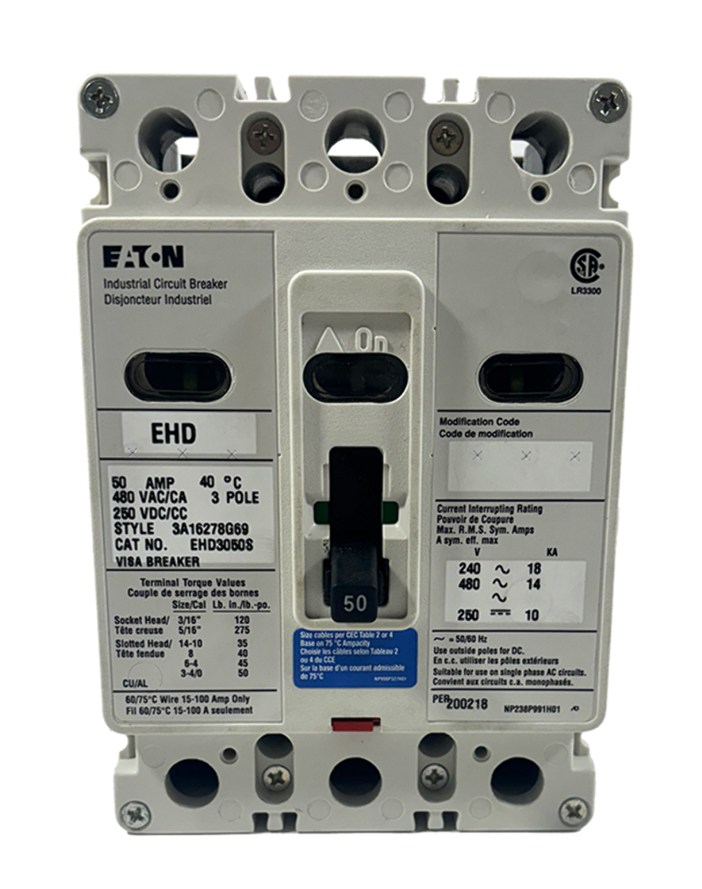 Eaton EHD3050S Breaker 50A 480V 3P 14kA Stainless Steel Terminals Fixed Magnetic Trip