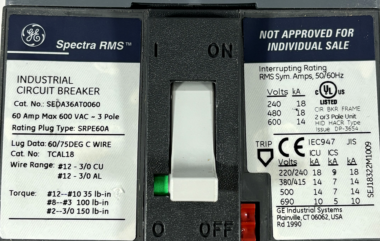 GE EZSEDA36AT0060 Breaker 60A Max 600V 3P 18kA EntellEon Panelboard Series