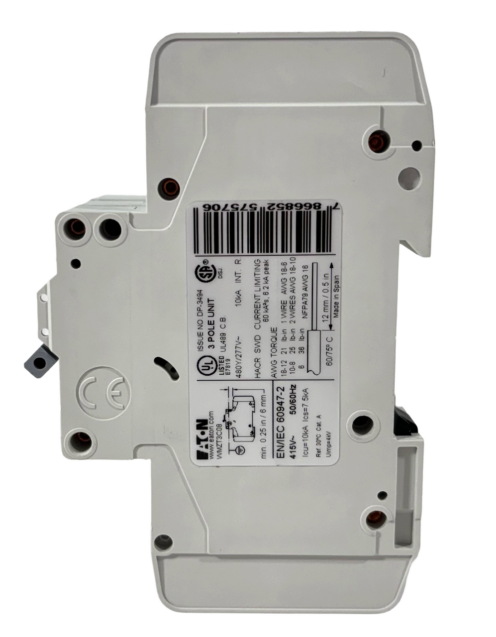 Eaton WMZT3C08 Breaker 8A   480Y/277V 3P 3PH 10kA C Curve DIN Rail
