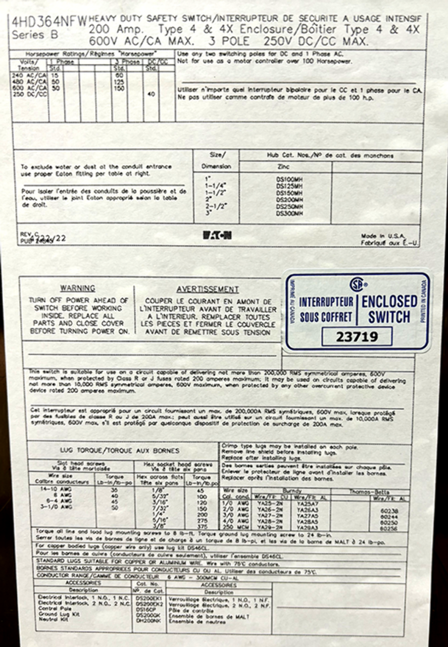 Eaton 4HD364NFW Safety Switch 200A 600V 3P NEMA 4/4X Non-Fusible No Neutral