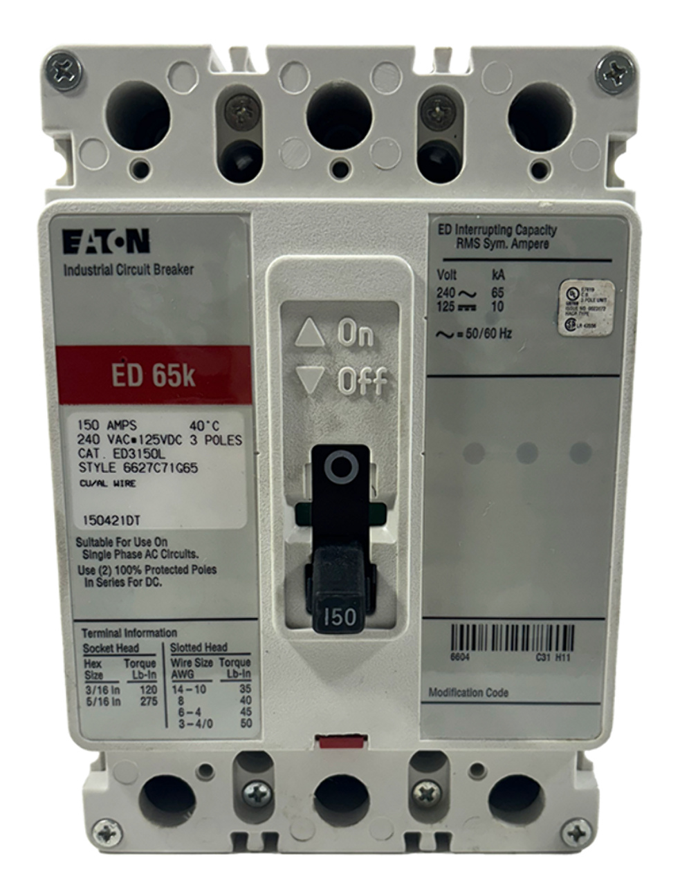 Eaton 786679454541 Breaker 150A 240V 3P 65kA Fixed Thermal Fixed Magnetic Trip